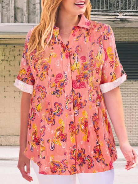 

Vacation Floral Shirt Collar Short Sleeve Blouse, Pink, Shirts & Blouses