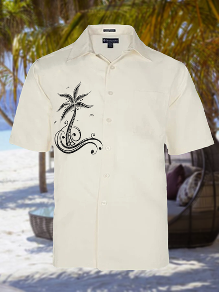 Cotton Linen Style Botanical Floral Coconut Embroidered Lapel Cozy Linen Shirt, White, Shirts ＆ Blouse