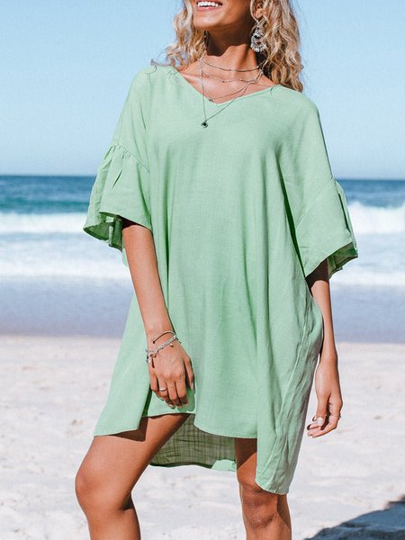 

V Neck Casual Solid Short Sleeve Woven Dress, Green, Mini Dresses
