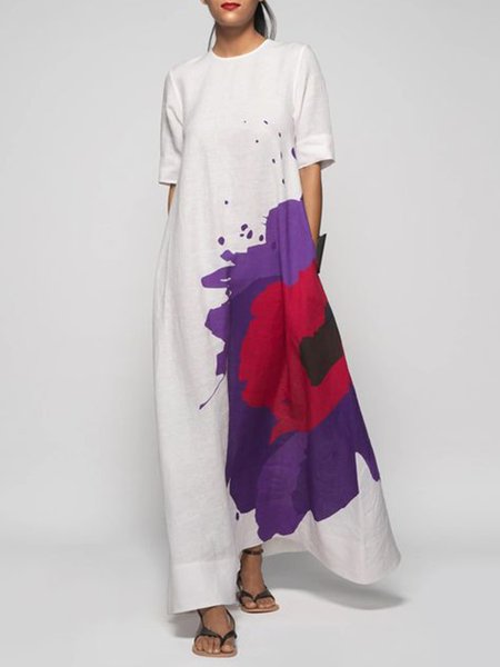 

Crew Neck Casual Short Sleeve Printed Dress, White, Maxi Dresses