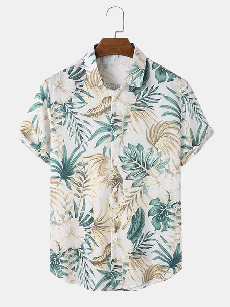 

Cotton Blends Short Sleeve Vacation Floral Short Sleeve Shirt, Green, Shirts ＆ Blouse