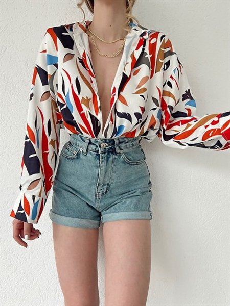 

Summer Lightweight Loosen Geometric Long Sleeve Daily Blouse, White, Blouses and Shirts