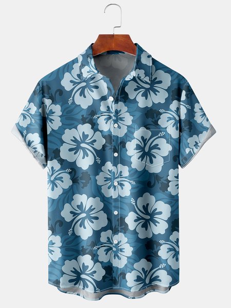 Hibiscus Graphic Men's Casual Short Sleeve Hawaiian Shirt, Blue, Men's Floral shirt