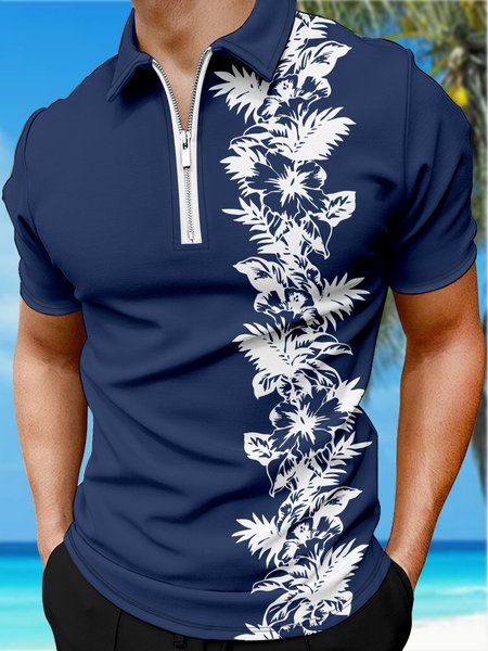 

Holiday Style Hawaiian Series Plant Flower Leaf Element Pattern Lapel Short-Sleeved Polo Print Top, Purplish blue, Men's t-shirts