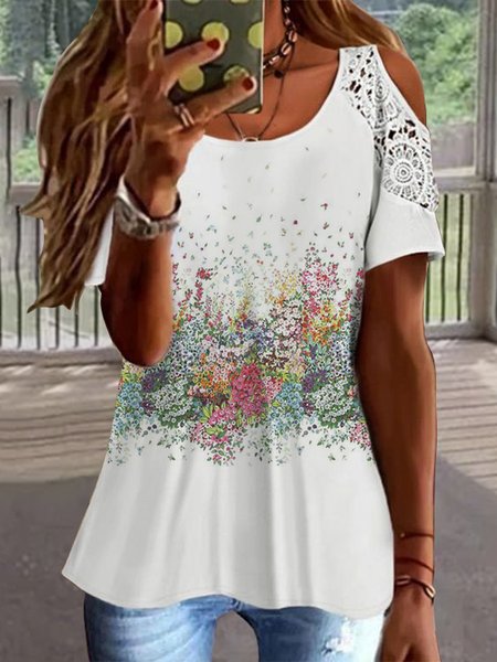 

Casual Cotton Blends Floral Short Sleeve Tops, White, Shirts & Blouses