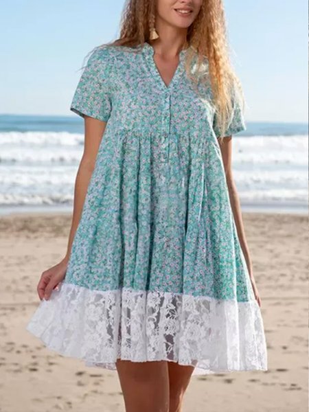 

Vacation Organza V Neck Short Sleeve Woven Dress, Sky blue, Dresses