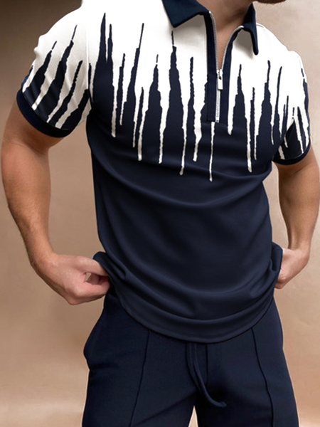 Casual Art Collection Striped Geometric Color Block Lapel Short Sleeve Polo Print Top, Dark blue, Men's t-shirts