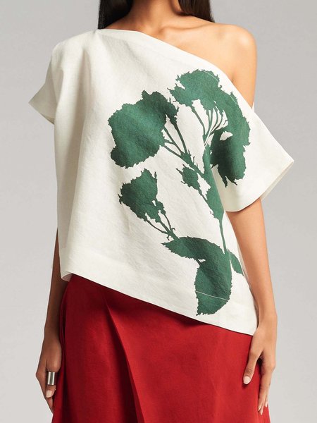 

Casual Printed Asymmetrical Neck Short Sleeve Top, Off white, Tops