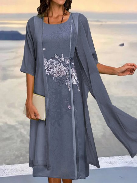 

Regular Fit Casual Short Sleeve Two Piece Woven Dress, Gray, Midi Dresses