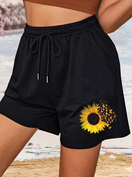 

Floral Cotton Blends Sports Shorts, Black, Shorts