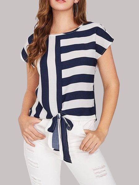 

Casual Short Sleeve Tops, Stripe-blue, Tops