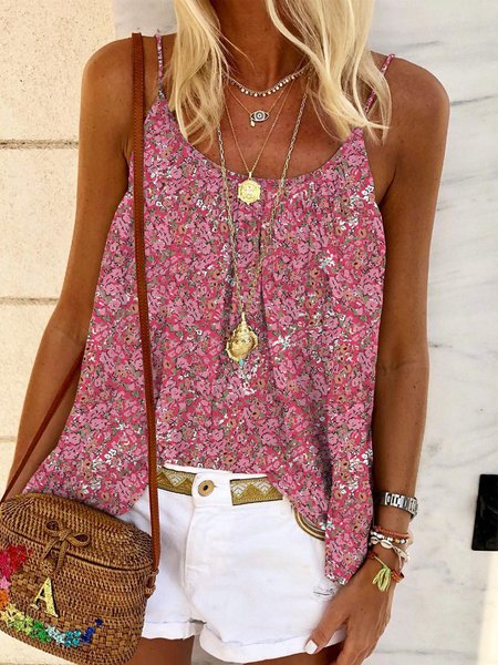 

Casual Floral Sleeveless Round Neck Plus Size Printed Top Vests, As picture, Tank Top