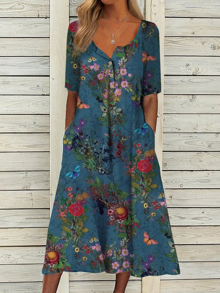 

V Neck Vacation Floral Short Sleeve Woven Dress, Green, Dresses