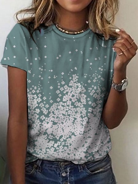 

Casual Crew Neck Floral Loosen Short Sleeve T-Shirt, Green, T-Shirts