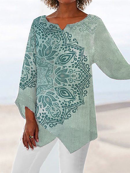 

Mandala Print Irregular Hem Top, Green, Shirts & Blouses
