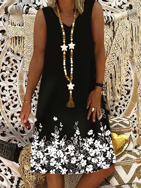 

Floral Casual V Neck Sleeveless A-line Dresses, Black, Mini Dresses