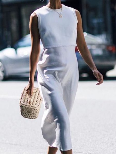 

Crew Neck Regular Fit Plain Sleeveless Woven Dress, White, Maxi Dresses