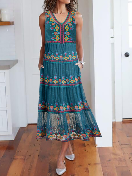 

Tribal Loosen Mesh Short Sleeve Knit Dress, Blue, Maxi Dresses