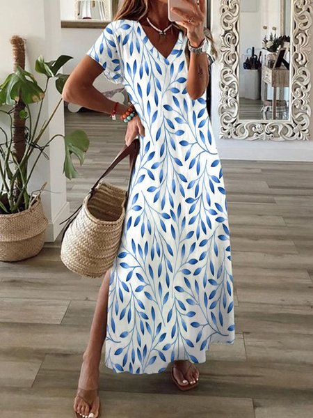 

Leaves Printed V Neck Casual Short Sleeve A-line Loosen Dress, White, Maxi Dresses