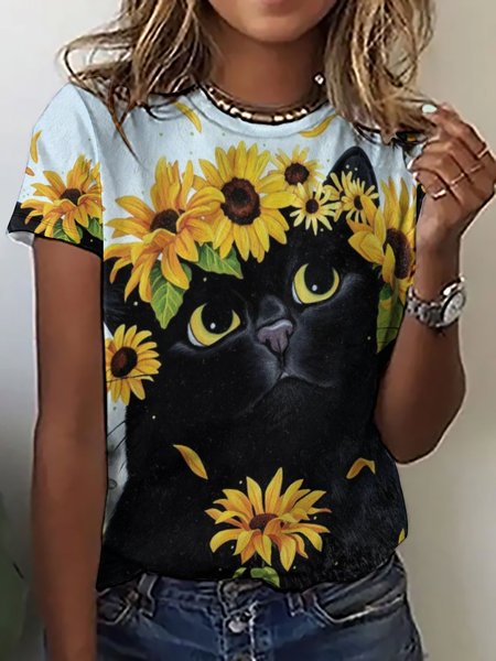 Womens Cute Black Print Casual Short Sleeve T-Shirt, As picture, T-shirts