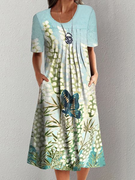 

Floral Crew Neck Casual Short Sleeve Woven Dress, As picture, Midi Dresses