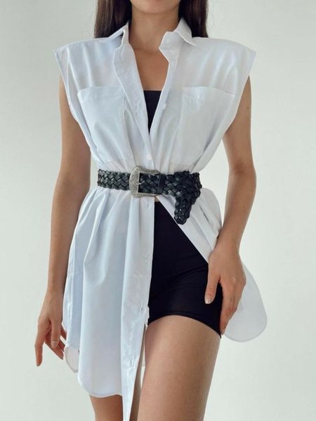 

Summer Shirt Collar Lightweight Plain Short Sleeve Daily Blouse, White, Blouses and Shirts
