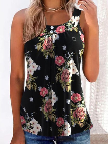 

Crew Neck Floral Printed Casual Woven Tank, Black, Tanks & Camis