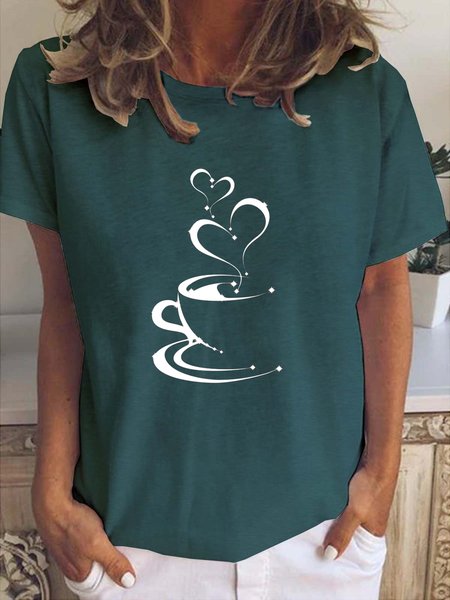 

Casual Simple Coffee Heart Print Crew Neck T-Shirt, Deep green, T-shirts