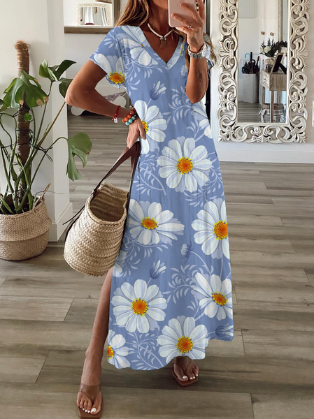 

V Neck Vacation Loosen Short Sleeve Knit Dress, Blue, Maxi Dresses