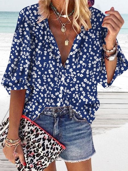 Loose holiday flower button up shirt