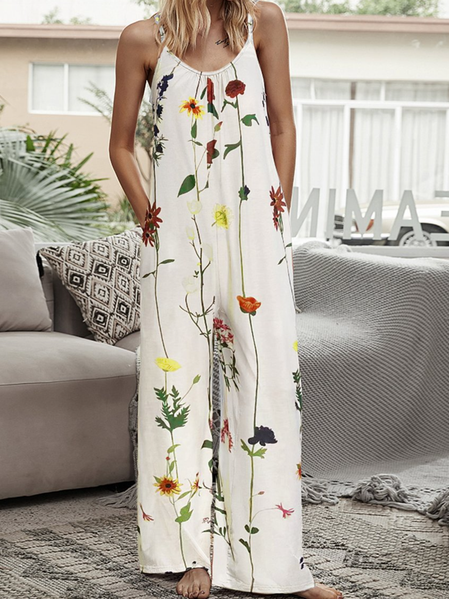 

White Floral V-Neck Sleeveless Pocket Jumpsuit, Jumpsuits＆Rompers