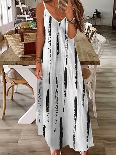 

V Neck Casual Striped Sleeveless Knitting Dresses, White, Maxi Dresses
