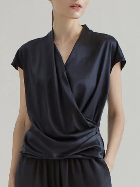 

Simple Solid Regular Fit Cross Front Short Sleeve Top, Black, Tops