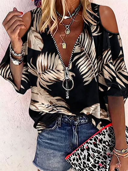 

Leaves Casual V Neck Short Sleeve Top, Black, Shirts & Blouses