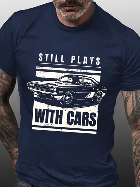 

Still Plays With Cars Retro Casual Crew Neck T-shirt, Purplish blue, T-shirts