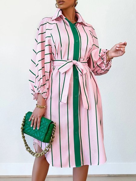 

Elegant Loosen Shirt Collar Striped Color Block Dress, Pink, Midi Dresses