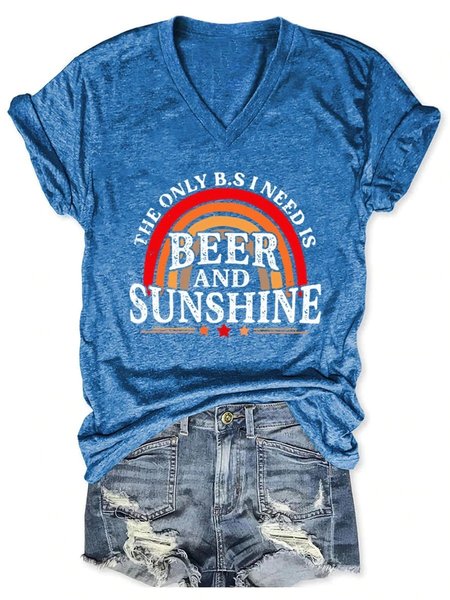 

Women's Funny Print Casual V Neck Short Sleeve T-Shirt, Blue, T-shirts