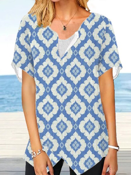 

Casual Geometric V Neck Short Sleeve Tops, Blue, Shirts & Blouses