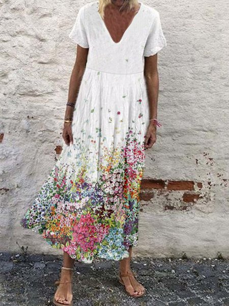 

Floral V Neck Short Sleeve Swing Woven Dress, White, Dresses