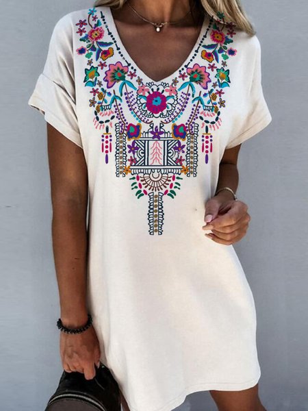 Ethnic Print Short Sleeve Loose Dress, White, Mini Dresses