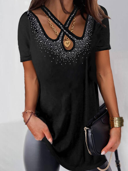 

Halter Elegant Solid Short Sleeve Tops, Black, T-Shirts