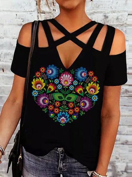 

V Neck Floral Short Sleeve T-Shirt, Black, T-Shirts