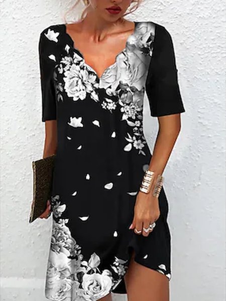 

Loosen Floral V Neck Short Sleeve Woven Dress, Black, Mini Dresses