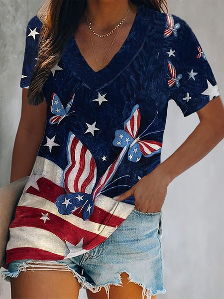 

American Flag Print Casual Short sleeve V-Neck T-Shirt, Blue, T-Shirts
