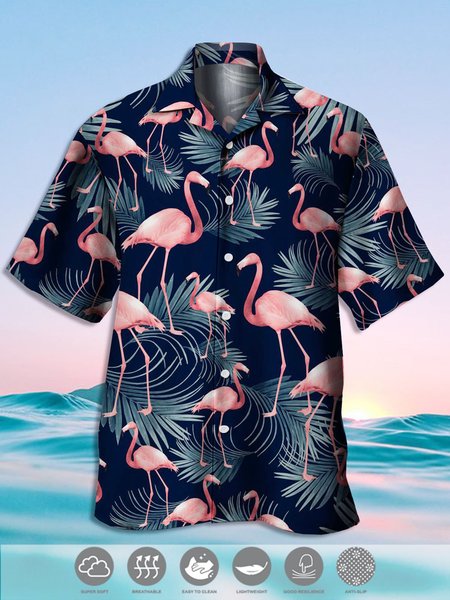 

Men's Flamingo Print Casual Breathable Fabric Hawaiian Short Sleeve Shirt, Black, Men's Floral shirt