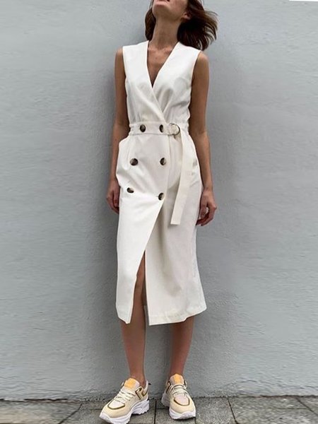 

Solid Simple V Neck Sleeveless Woven Dress, White, Midi Dresses