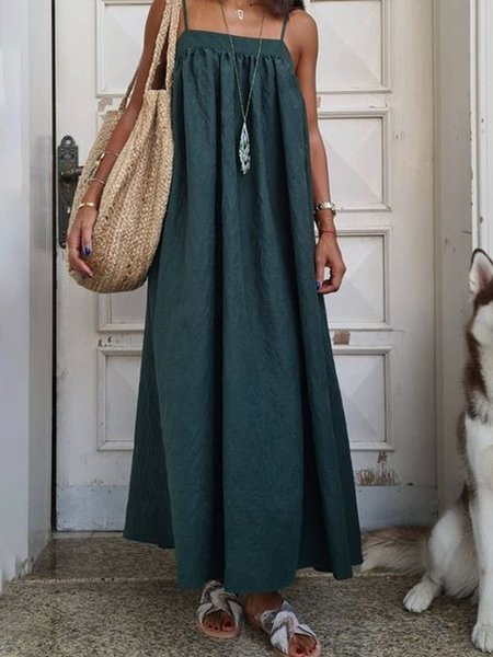 

Casual Cotton Solid Sleeveless Woven Dresses, Green, Dresses