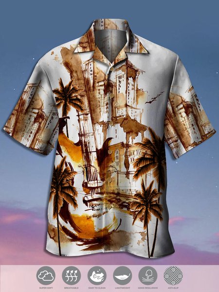 Men's Music Guitar Print Casual Breathable Fabric Hawaiian Short Sleeve Shirt, White, Men's Floral shirt