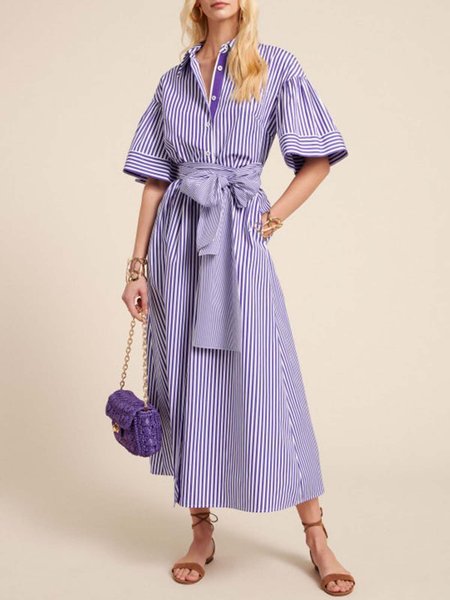 

Vacation Striped Short Sleeve Shirt Collar Dress, Purple, Maxi Dresses