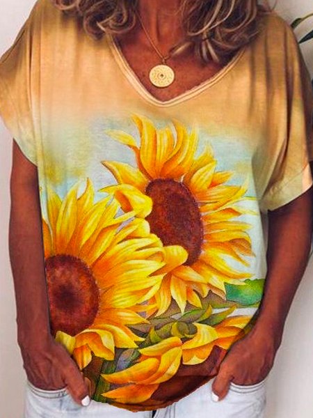 

Sunflower Short Sleeve V-Neck Knit Women's T-Shirt, Multicolor, Tops